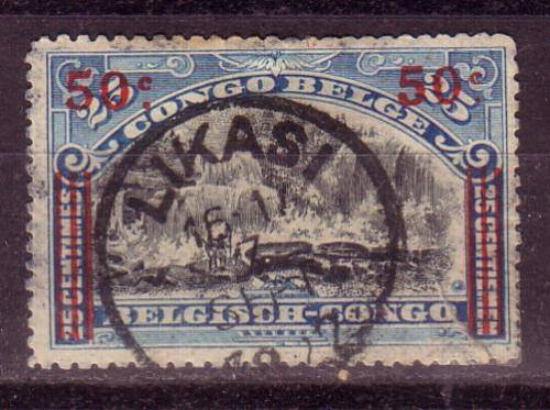 Belgian Congo, 25c waterfall stamp with 50c overprint and nice Lukasi cancel, used but repaired