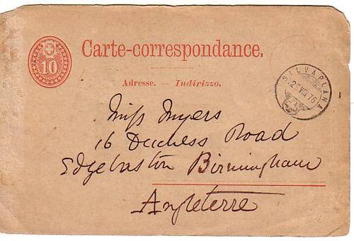 Swiss post card used in 1876, sent to England, embossed stamp, some damage