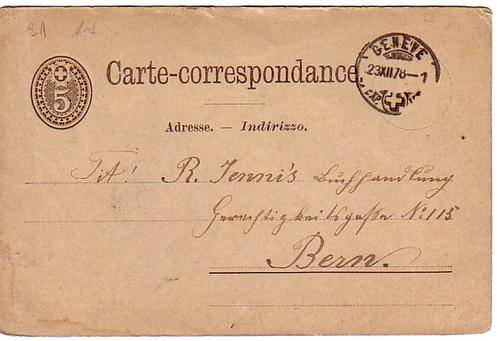 Swiss post card used in 1878, sent to Bern, embossed stamp