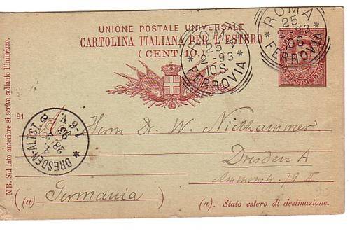 UPU post card of Italy sent to Germany in 1893 with printed stamp