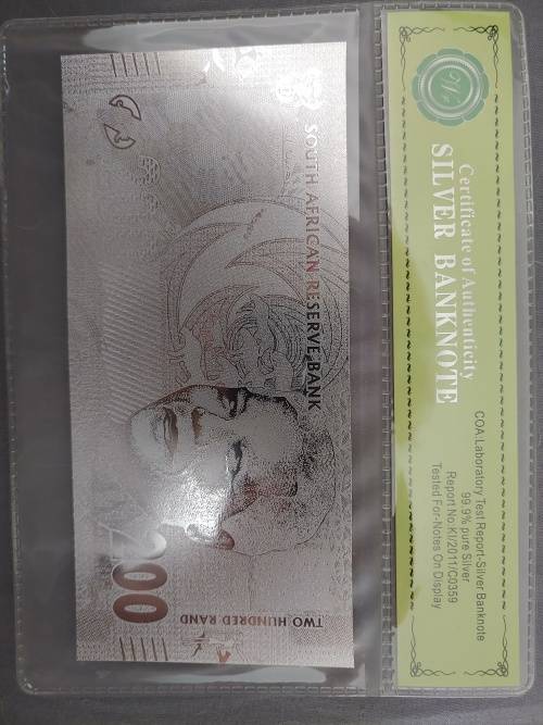 R200 Silver 99.9% Certificate of Authenticity Banknote.