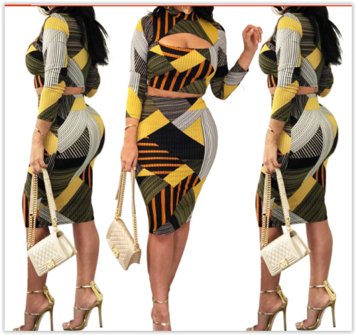 Women 2 pieces set dress Geometric Stripe Print Hollow Out Long Sleeve MAD R300