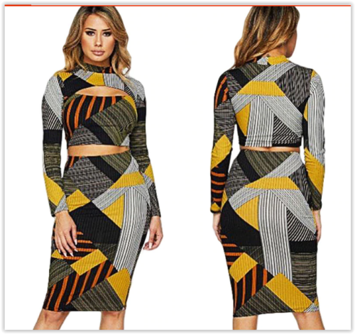 Women 2 pieces set dress Geometric Stripe Print Hollow Out Long Sleeve MAD R300