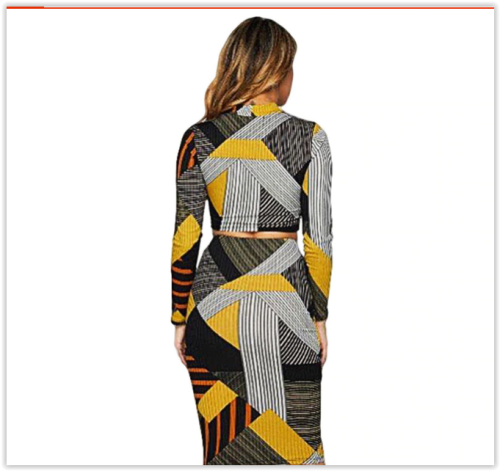 Women 2 pieces set dress Geometric Stripe Print Hollow Out Long Sleeve MAD R300