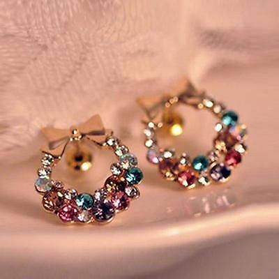 Fashion Colorful Crystal Rhinestone Gold Bowknot Ear Stud Earring