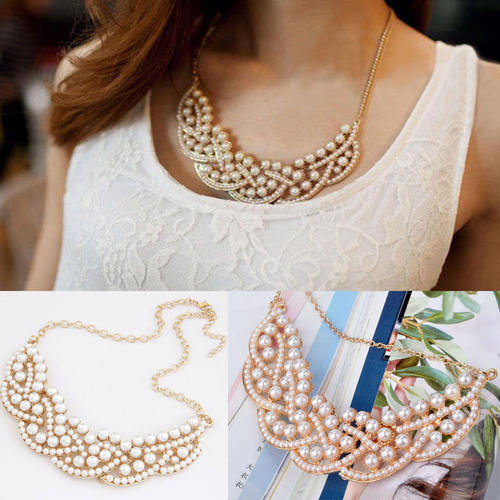 New Hot Design Fashion Pearl Hollowed Golden Choker Bib Collar Necklace Pendant