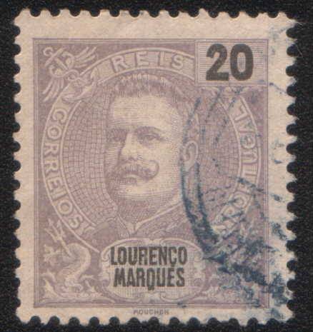 Lourenco Marques, 1898 Carlos 20r lilac,  used,  as images and description