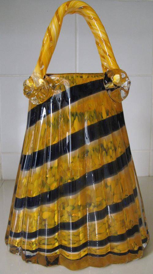 LARGE ORNATE BLUE AND ORANGE CANDY STRIPED HAND BAG