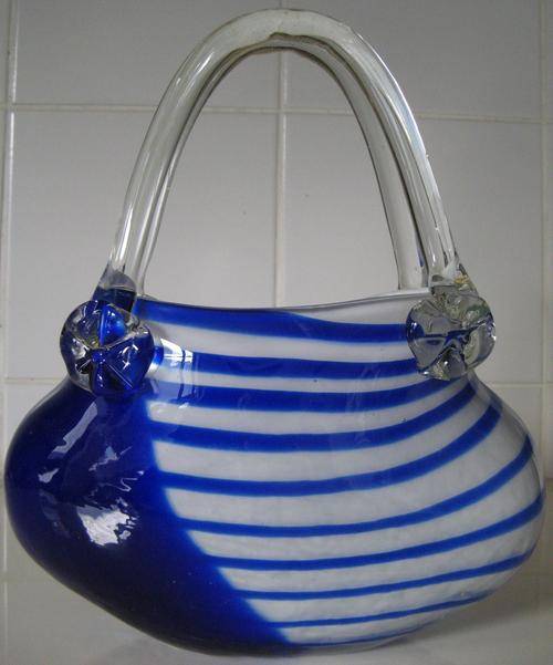 BLUE AND WHITE CANDY STRIPED ORNATE GLASS HAND BAG