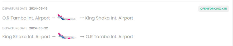 Return Flight Ticket from Johannesburg to Durban 16 May 2024 - 22 May 2024