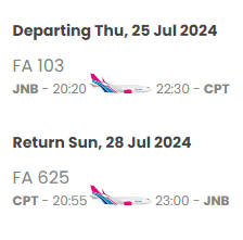 Return Flight Tickets from Johannesburg to Cape town 25 July 2024 - 28 July 2024