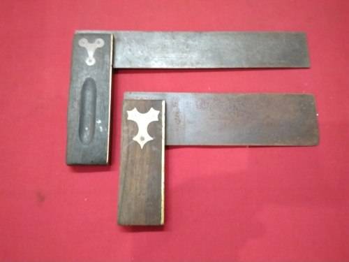 2 VINTAGE HARDWOOD (ROSEWOOD???) & BRASS HANDLED SQUARES  - PICTURES ARE PART OF THE DESCRIPTION