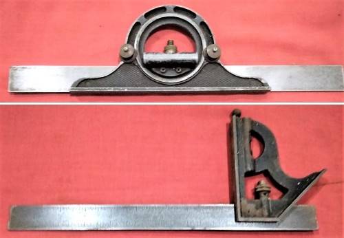 VINTAGE ENGINEERS COMBINATION SQUARE & PROTRECTOR - LIGHT MARKINGS - Please see pictures & read desc