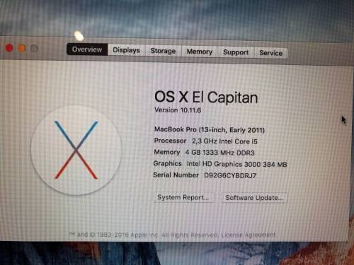 MacBook Pro 13-inch 2011, Intel I5 2.3GHz, 4Gb Ram,HD Graphics 3000,320gb Harddrive, OS X EI Capitan