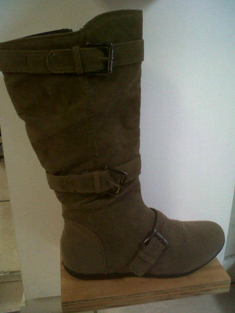 10406GN KNEE LENGTH FLAT BOOTS - FATIGUE/KHAKI SUEDE - 3-STRAP BUCKLE DETAILSIZE 3 ONLY