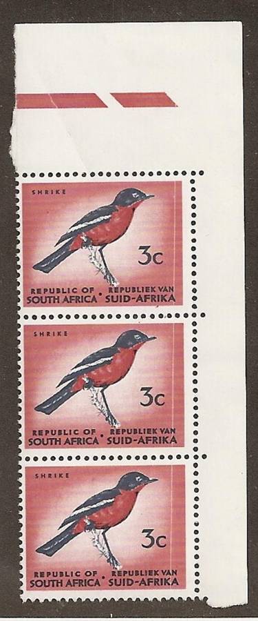 1967/71 3c top marginal vertical strip of 3 with white line through design at right white flaw print
