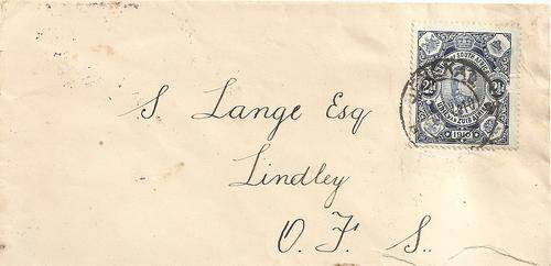 1910 Union 2.5d First day cover Senekal First day cancellation 4 Nov 1910 with RARE Lindley arrival