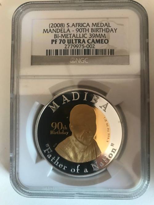 1/2 oz Gold 2008 S Africa Mandela 90th Birthday Bi-metallic(1/2oz Gold with Silver Outer) PF70 UC