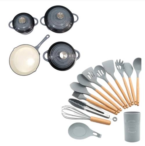 7 Piece Cast Iron Pot Set and 12 Piece Silicone Utensil Set