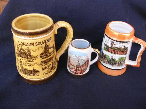 2 x Miniature beer mugs, and 1 tot measure, London, Innsbruck,& Kobenhaven, condition very good