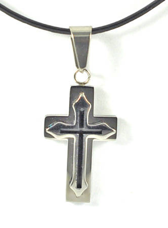 Stainless Steel 2-tone Double Cross Pendant - with leather Thong Necklace