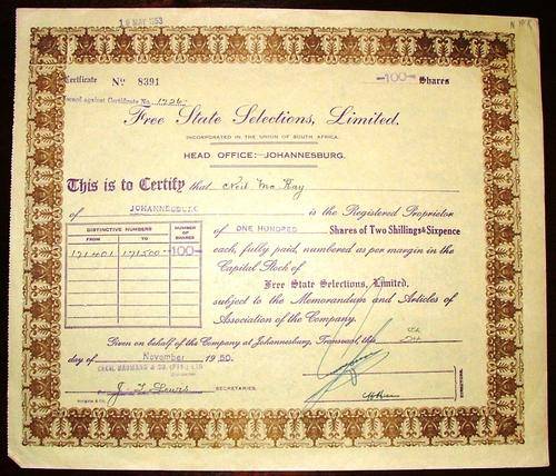 Share_Certificate_-_Free_State_Selection_Ltd_-_1950