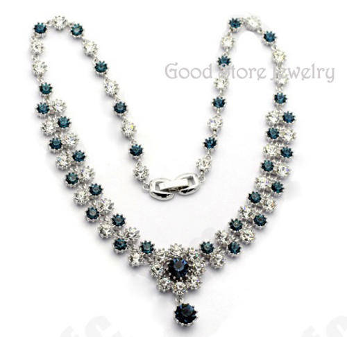 GORGEOUS SAPPHIRE SWAROVSKI NECKLACE IN 18K WHITE GOLD CLAD