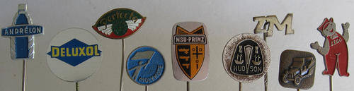 COLLECTION OF 9 AUTOMOBILE PINS PERFECTA NSU ROLLS ROYCE HUDSON LEGO MOLYKOTE LEGO ETC