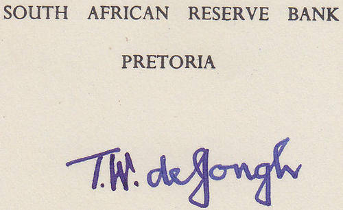 T.W DE JONGH RESERVE BANK GOVERNOR AUTOGRAPH - 1970 - RARE SIGNED SOUTH AFRICA