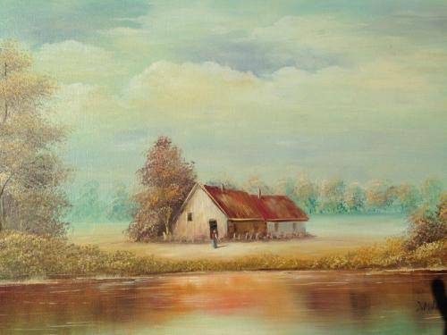 EXTRAORDINARY FRAMED OIL PAINTING OF COUNTRY LANSCAPE BY JIVI MILUSHEVA