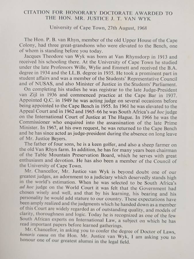 The United Nations, South West Africa & The Law by The Hon Mr Justice J T van Wyk