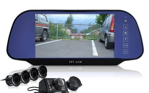 Complete Car Reversing Set - Rearview Camera, 4 Parking Sensors, Rearview Mirror