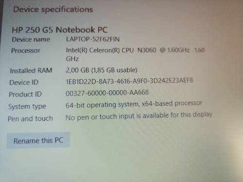 HP 250 G5 Intel Celeron CPU N3060