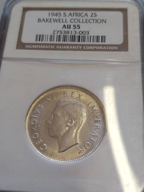 1945 2 Shilling NGC AU55 Ex Bakewell
