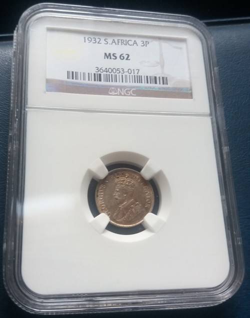 1932 Union of South Africa 3 Pence NGC Graded MS 62