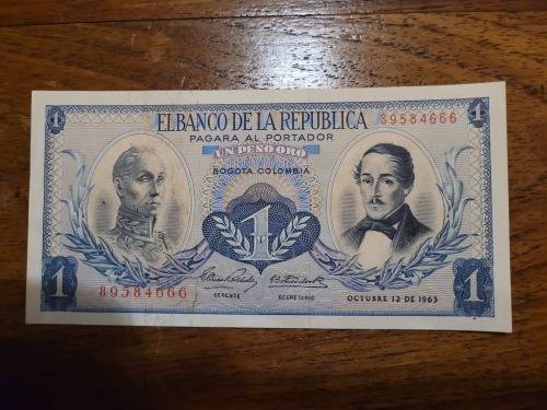 ElbancoDe La Republic 1963 Colombian 1 Peso Oro Note
