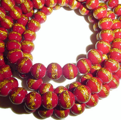 8mm Red/Gold Pinstriped Round Glass Bead