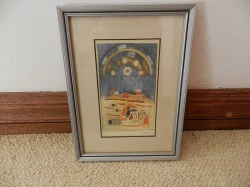 Picture Frame: Wooden frame with print of Agricultural scene and astrological signs
