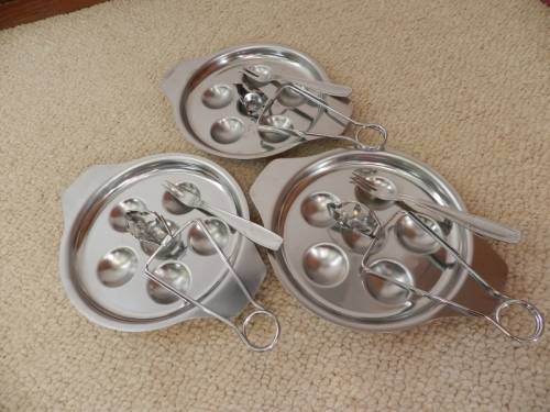 Vintage Stainless Steel Set of 3x round Escargot/Snail/Mushroom dishes with snail tongs and two pron