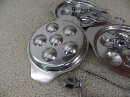 Vintage Stainless Steel Set of 3x round Escargot/Snail/Mushroom dishes with snail tongs and two pron