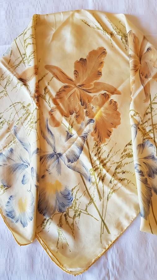 Vintage collectable Ladies scarf.  Classic pure silk square scarf with Floral blue and beige design