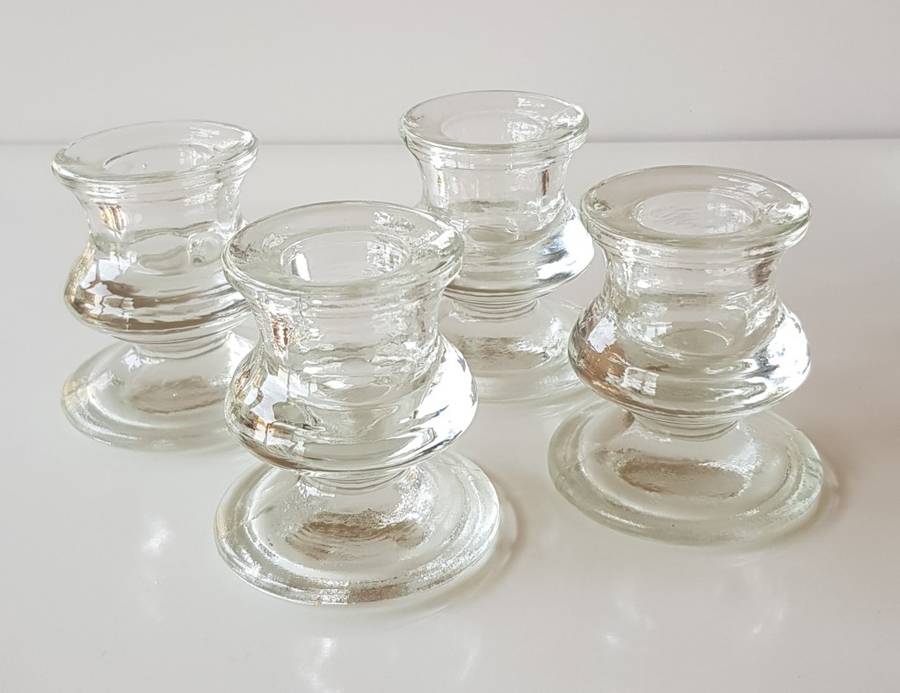 Set of 4x Pedestal type Glass Candle Holders. Round base