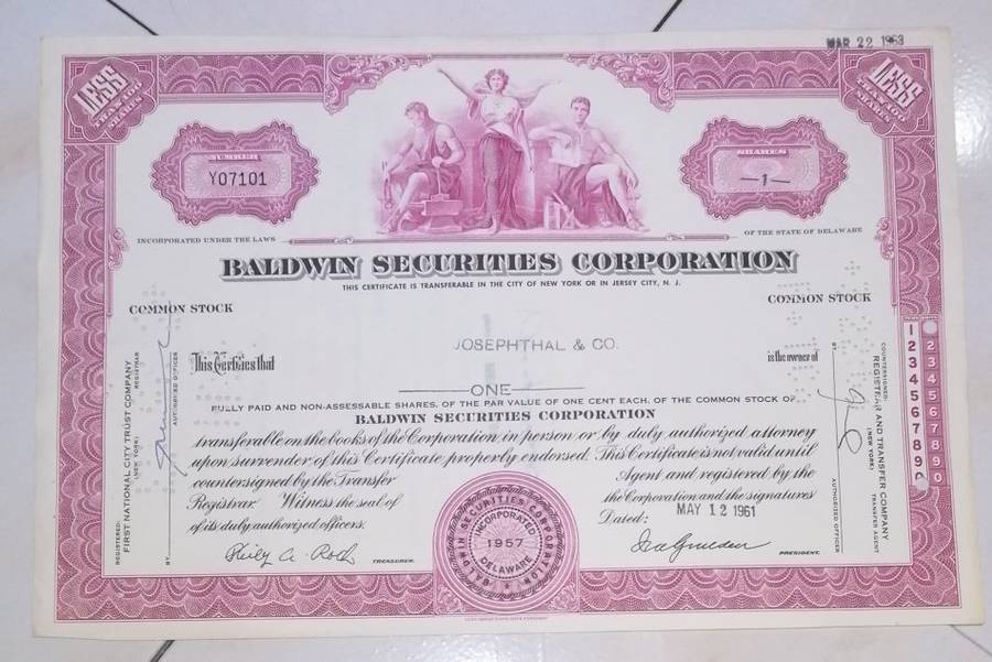 Stock / Bond SHARE CERTIFICATE - BALDWIN SECURITIES CORPORATION - 1961