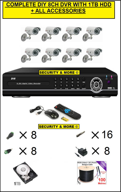 COMPLETE 8CH DIY DVR WITH 1TB HDD+ 8 CAMERAS + CABLE & ACCESSORIES