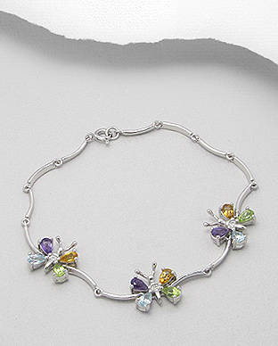 "SALE!"100% GENUINE AMETHYST,PERIDOT,BLUE TOPAZ & CITRINE BUTTERFLY BRACELET - 925 STERLING SILVER