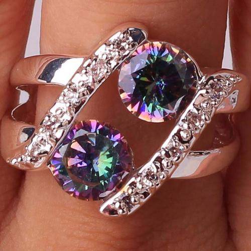 ROUND CUT RAINBOW MYSTIC TOPAZ CZ & WHITE QUARTZ RING IN SILVER