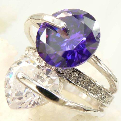 "UNIQUE" AMETHYST & WHITE QUARTZ SPINNING RING IN  925 STERLING SILVER