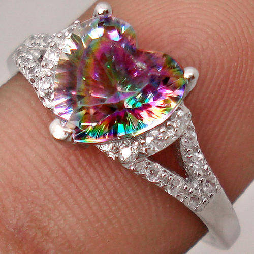 "ADD PRETTY PENDANT" NATURAL RAINBOW & WHITE TOPAZ RING IN .925 STERLING SILVER