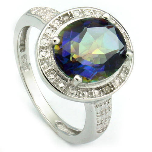 "HUGE" GENUINE MYSTIC TOPAZ & WHITE DIAMOND RING .925 STERLING SILVER