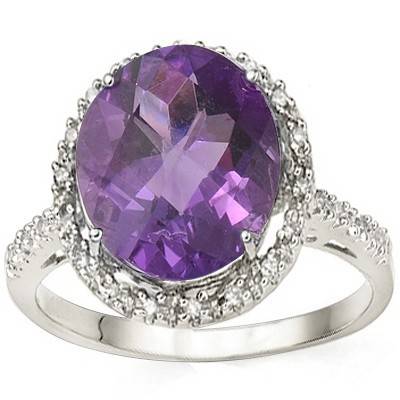"HUGE"GENUINE AMETHYST & WHITE DIAMOND RING .925 STERLING SILVER